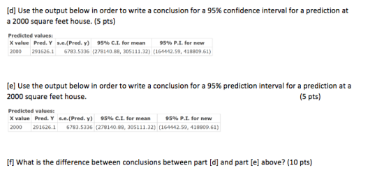 [d] Use the output below in order to write a conclusion for a 95% confidence interval for a prediction at a 2000 square feet