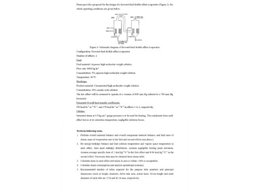 Please provide a proposal for the design of a forward-feed double effect evaporator (Figure 1), for which operating condition
