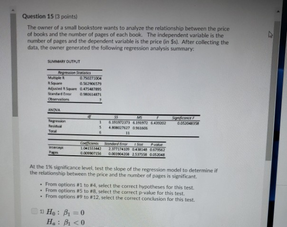 Question 15 (3 points) The owner of a small bookstore wants to analyze the relationship between the price of books and the nu