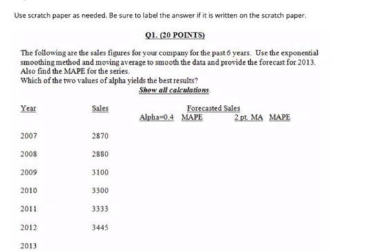 Use scratch paper as needed. Be sure to label the answer if it is written on the scratch paper. Q1. (20 POINTS) The following