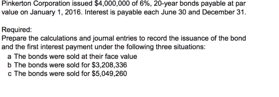 Pinkerton Corporation issued $4,000,000 of 6%, 20-year bonds payable at par value on January 1, 2016. Interest is payable eac