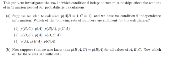 This problem investigates the wa in which conditional independence relationships affect the amount of in formation needed for