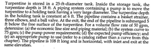 Turpentine is stored in a 25-ft-diameter tank. Inside the storage tank, the turpentine depth is 18 ft. A piping system contai