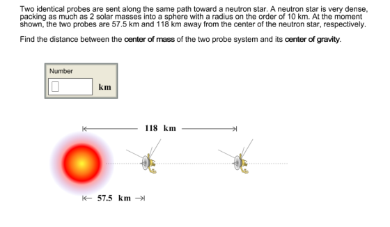 Two identical probes are sent along the same path toward a neutron star. A neutron star is very dense, packing as much as 2 s