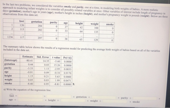 In the last two problems, approach to modeling infant weights is to consider all possibly related variables at once. Other va