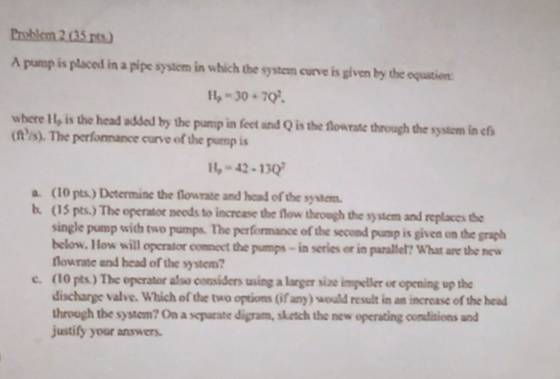Problem 2(35 A pump is placed in a pipe system in which the system curve is glven by the equation 1,-30 70 where H, is the he