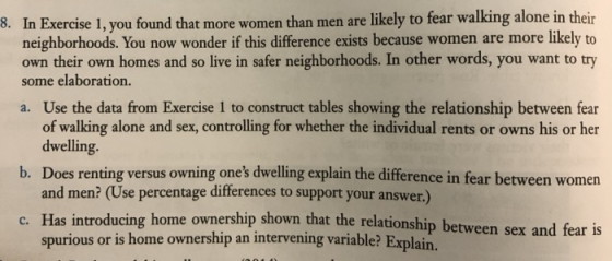8. In Exercise 1, you found that more women than men are likely to fear walking alone in their neighborhoods. You now wonder