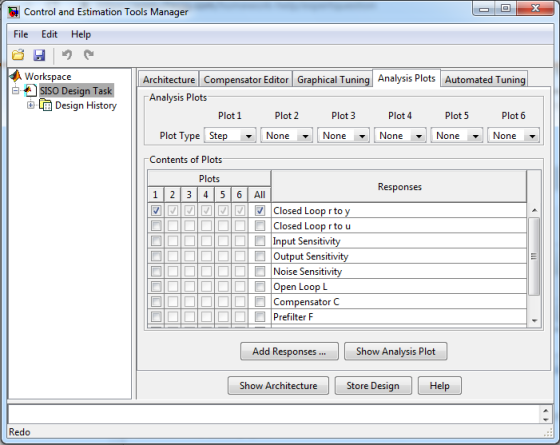 Control and Estimation Tools Manager File Edit Help Workspace Architecture Compensator Editor Graphical Tuning Analysis Plots