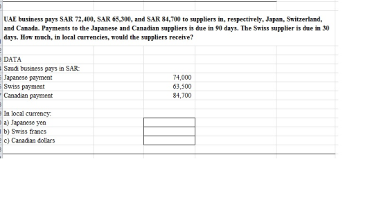 UAE business pays SAR 72,400, SAR 65,300, and SAR 84,700 to suppliers in, respectively, Japan, Switzerland and Canada. Paymen