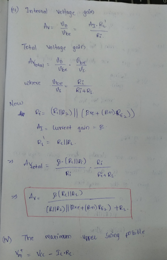 ) Internal VoHage gain A. R Av p Ri Vo Hage gair Total d6 AMictal Vbe s. Ri Ube Lohexe RI+RS V 7/ Now R= RP2 (Be+ (B+) Re AT