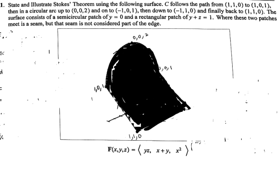 1. State and Illustrate Stokes Theorem using the following surface. C follows the path from (1,1,0) to (1,0,1). then in a ci