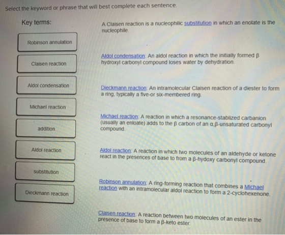 Select the keyword or phrase that will best complete each sentence A Claisen reaction is a nucleophilic substitution in which