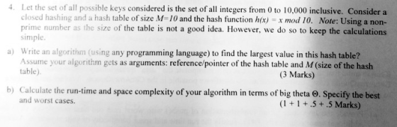 4 Let the set of all possible keys considered is the set of all integers from 0 to 10,000 inclusive. Consider a closed hashin