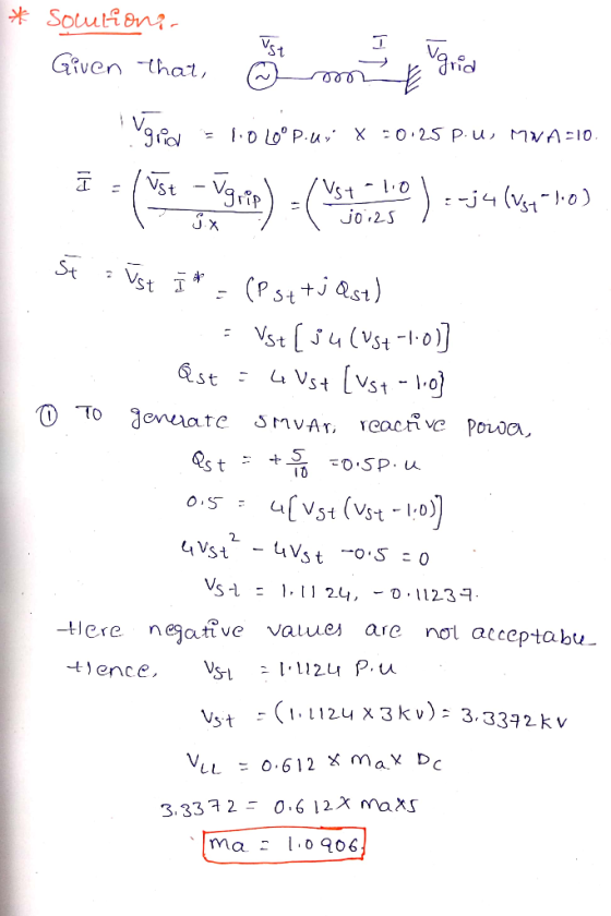 Soutions Given tha, Vfol D lo° P.u X :0.25 P. U MVA10 Q 1 j -Vg Vst Jrip jo 2-S SVst (Psttjs) - Vst [s4lvst -rо)] [vst-10 Qst