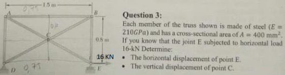 15 m B- Question 3: Each member of the truss shown is made of steel (E- 2 1 0 GPa ) and has a cross-sectional area of A If yo