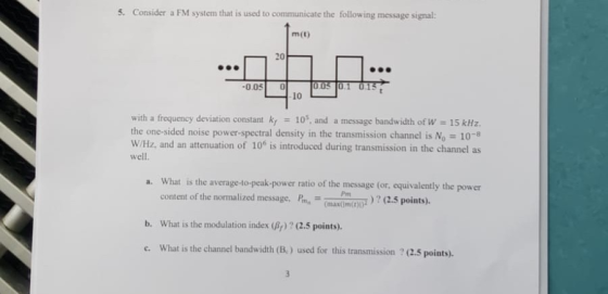 Consider a FM system that is used to communicate the following message signal: S. m(t) 20 0.05 0.1 015 10 -0.05 with a freque