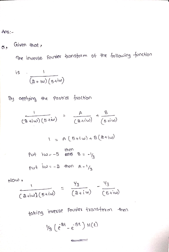Ans:- Given that The inveyse Fouier ansfoim of the follouoing -fonction is w(5+) the Partial fraction Вiy applying A t C84) c