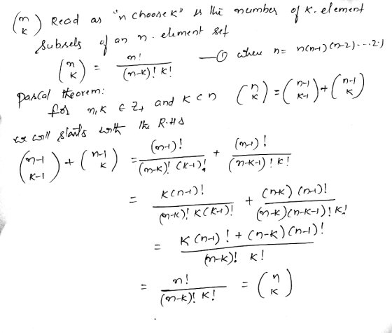 n choode k в thii mumbu 0 element Read К. ал elument &t Aubaels an nin) n-2)-.2-J П- ) Гkl Pалcal teorem: n-i кл € 22 and кe