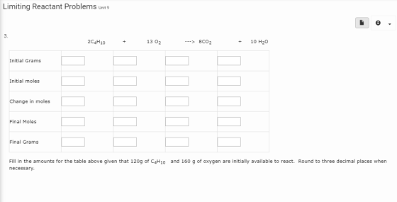 Limiting Reactant Problems Unit 9 3. 13 02 2C4Hio 8CO2 8co2 10 H20 Initial Grams Initial moles Change in moles Final Moles Fi