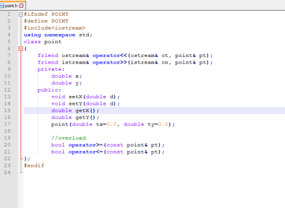 1 2 3 #ifndef POINT #de fine POINT using namespace std; class point 6 friend ostream& operator<< (ostream& ct, point& pt); fr