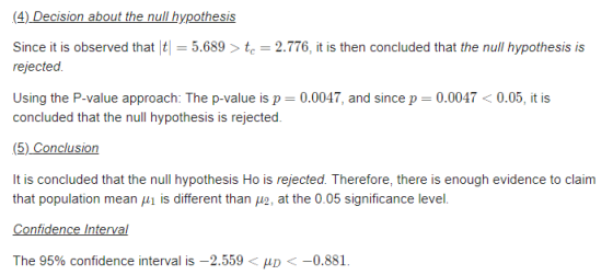 (4) Decision about the null hypothesis Since it is observed that tl rejected 5.689 > tcー2.776, it is then concluded that the