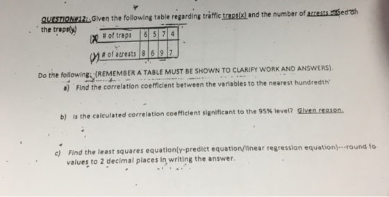 the following table regarding traàffic trapasts) and the number of arrests Led th the traps(y . #Of traps |6| 5|714 # of atr