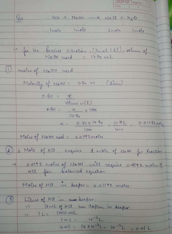 SOMS Page No. Date Qua HLL + NaoH Imole 1mste Imele 1 niole 1 lhriser titration(tuial4)), vslua of Na O1 uard 14.90 mL eles o
