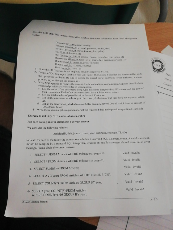 Exercise I (50 pts): This exercise deals with a database that stores information abhout Hotel Management System. Customer (C