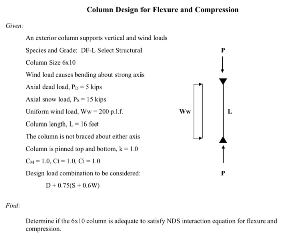 Column Design for Flexure and Compression Given: An exterior column supports vertical and wind loads Species and Grade: DF-L