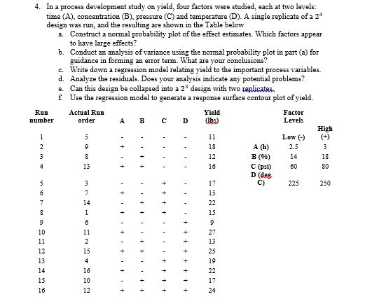 4. In a process development study on yield, four factors were studied, each at two levels: time (A), concentration (B), press