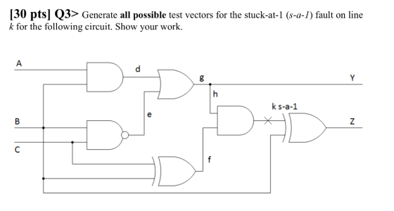 [30 pts] Q3> Generate all possible test vectors for the stuck-at-1 (s-a-1) fault on line k for the following circuit. Show yo