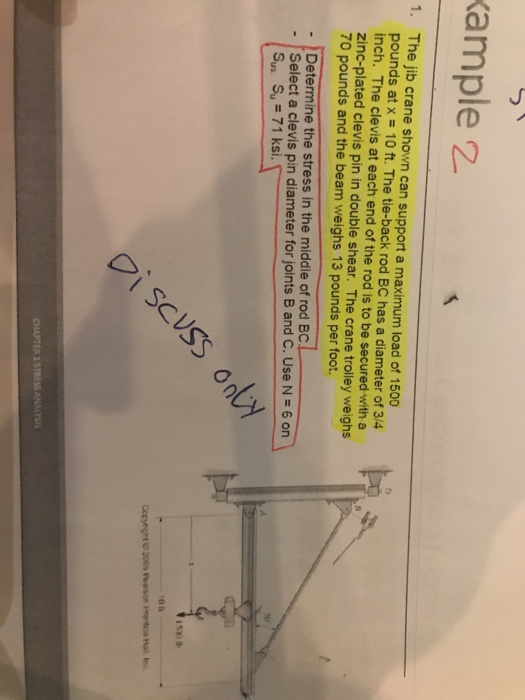 kample 2 1. The jib crane shown can support a maximum load of 1500 pounds at x = 10 ft. The tie-back rod BC has a diameter of