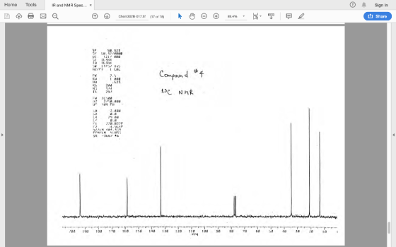 Home Tools IR and NMR Spec... * Sign In ロイ Chem302B-017.tf 17 of 1B) Share SF IJ1 『i, 50.525 11.354 N 15152鵠.JS 23 TI 24/