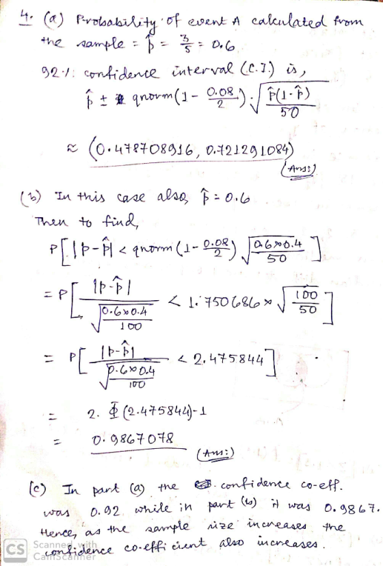 4(a) oloalaihity of event A calculated from Amle 92: Contidente interval (e.1) > qnom(1 O. 08 (0.4816, 0.1212910) (sreute al