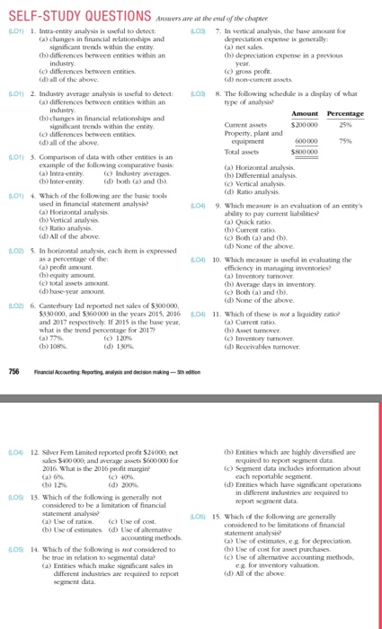 SELF-STUDY QUESTIONS Ansers are at the end of the chapter 1. Intra-entity analysis is useful to detect a) chunges in financia