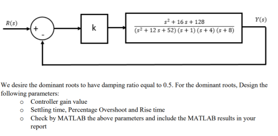 Y(s) s216 s 128 R(s) k (s212 s52) (s 1) (s + 4) (s +8) We desire the dominant roots to have damping ratio equal to 0.5. For t