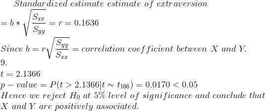 Standar dized estimate estimate of extraversion S0.1636 S. Since b = rPay-correlation coefficient between X and y .S 9. t = 2