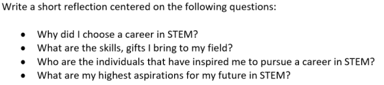 Write a short reflection centered on the following questions: . Why did I choose a career in STEM? . What are the skills, gif