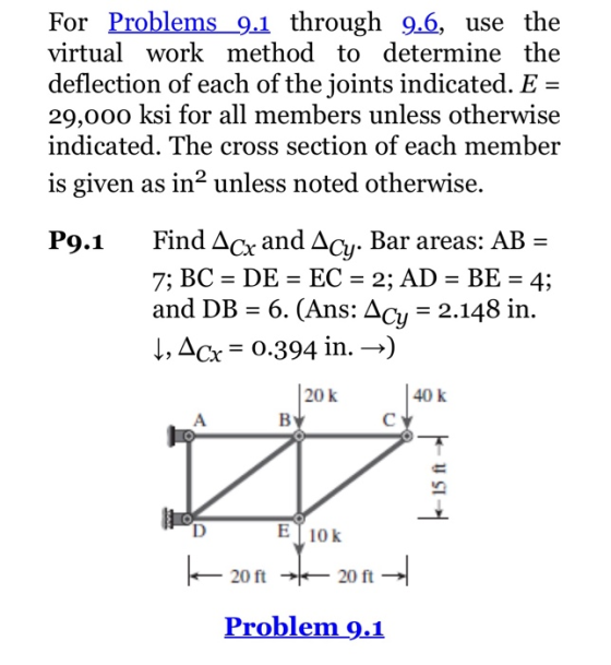 For Problems9.1 through 9.6, use the virtual work method to determine the deflection of each of the joints indicated. E 29,00