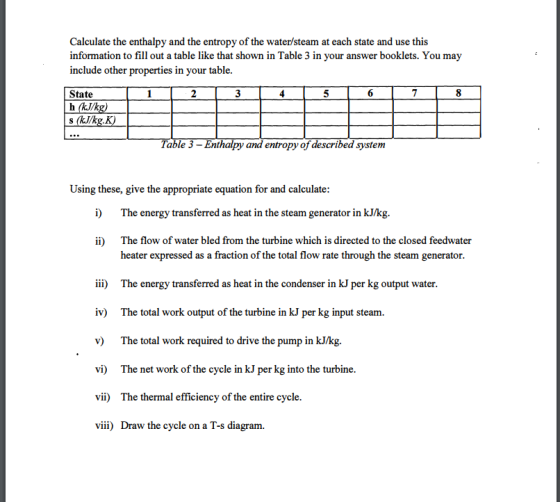 Calculate the enthalpy and the entropy of the water/steam at each state and use this information to fill out a table like tha