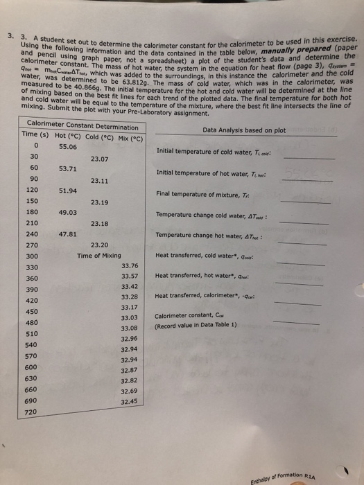 3. 3. A student set out to determine Using the following the calorimeter constant for the calorimeter to be used in this exer