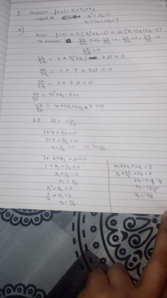 Lex-x +X3 ect to Pininize 2+3t23 p C +2(2ttx,-3) + (+3x,+2-7 To muhinize txc + =O + 202) + 3u =0 4e 1+2+3uO 1+2-3,=0 2221 + O