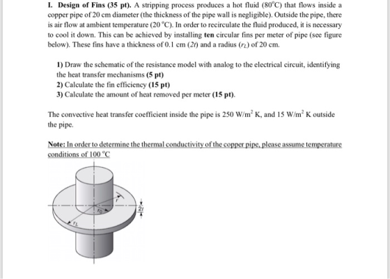 I. Design of Fins (35 pt). A stripping process produces a hot fluid (80°C) that flows inside copper pipe of 20 cm diameter (t
