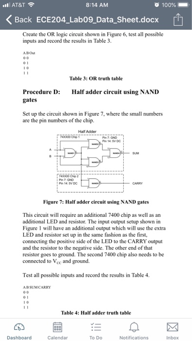 AT&T 8:14 AM 100% < Back ECE204.Lab09-DataSheet.docx 「h Create the OR logic circuit shown in Figure 6, test all possible inpu
