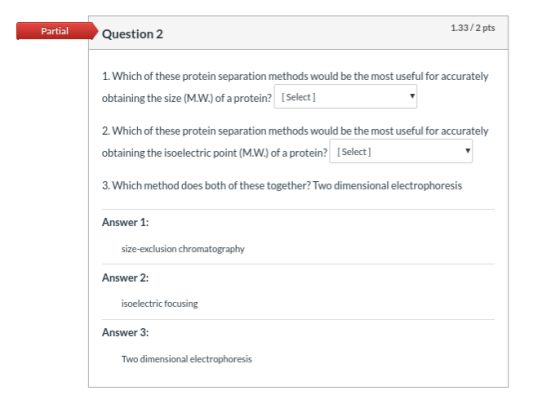 1.33/2 pts Partial Question 2 1. Which of these protein separation methods would be the most useful for accurately obtaining