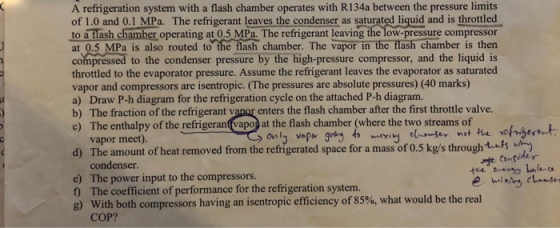 A refrigeration system with a flash chamber operates with R134a between the pressure limits of 1.0 and 0.1 MPa. The refrigera