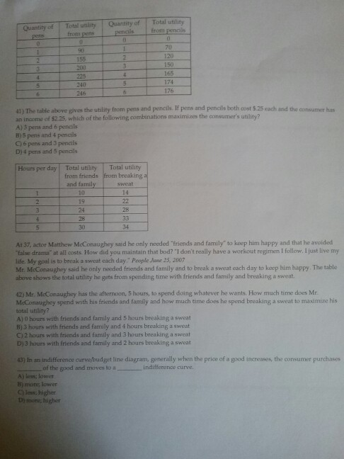 Total uniity Quantity of Total utility from pens pencilsfrom pencils Quantity of 70 120 150 165 174 176 155 246 41) The table