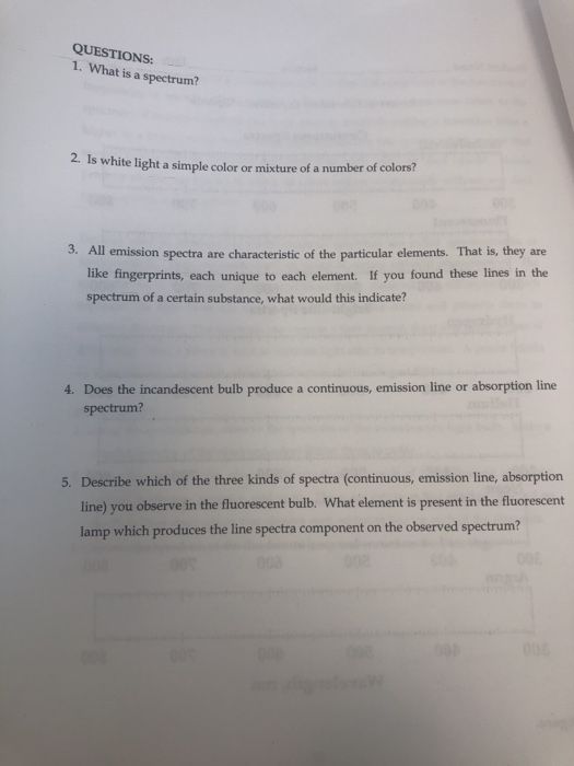 QUESTIONS: 1. What is a spectrum? 2. ls white light a simple color or misture of a number of colors? All emission spectra are