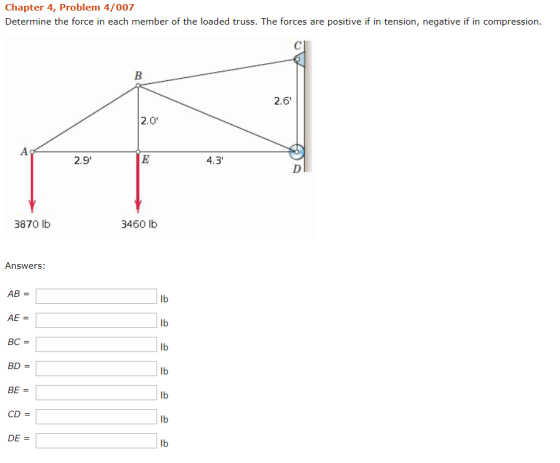 Chapter 4, Problem 4/007 Determine the force in each member of the loaded truss. The forces are positive if in tension, negat
