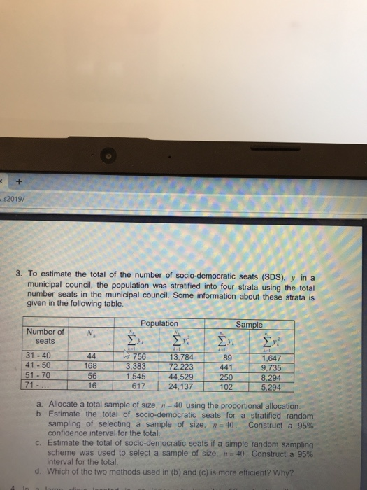 + s2019/ 3. To estimate the total of the number of socio-democratic seats (SDS), y in a municipal council, the population was